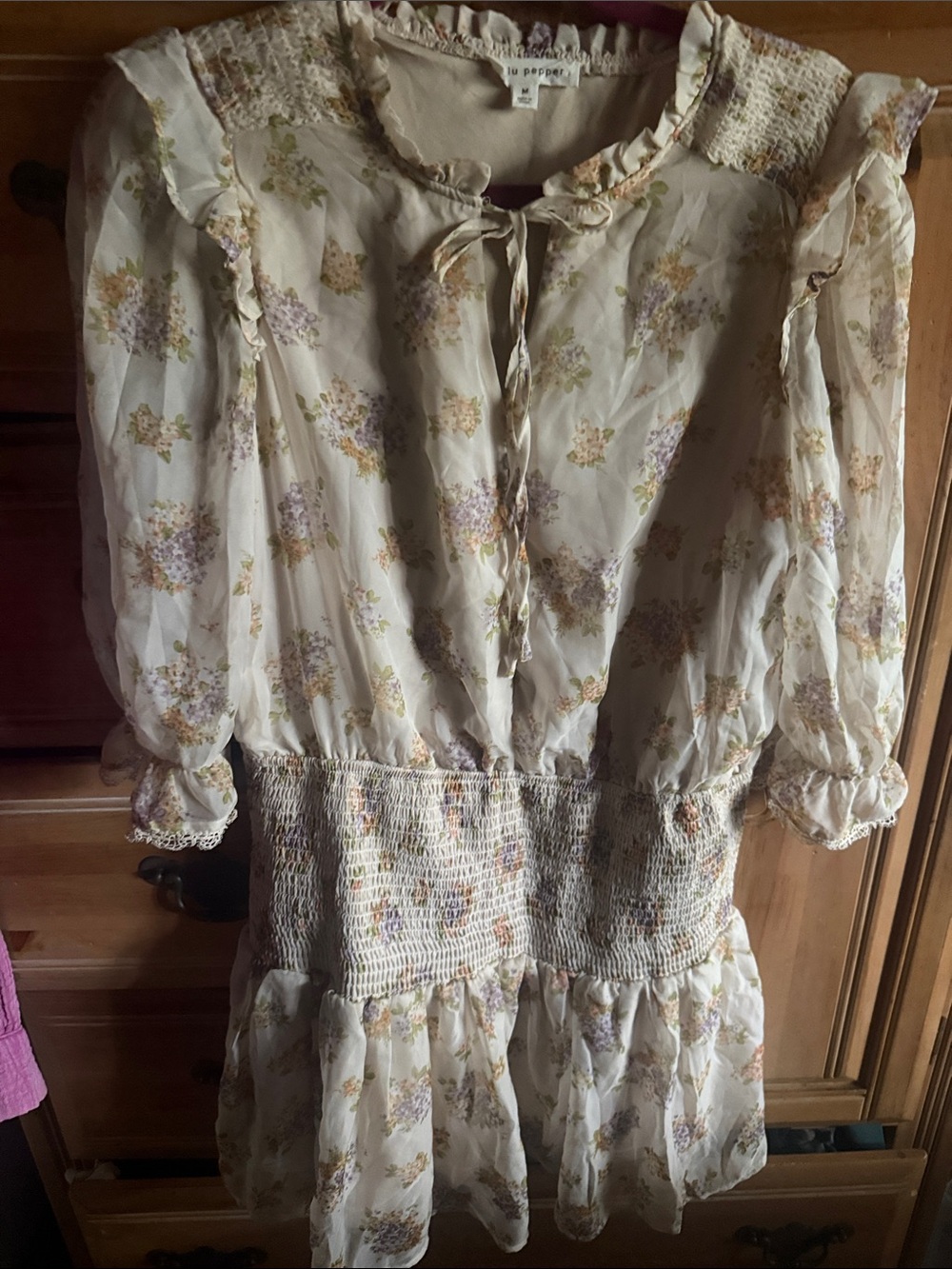 Blu Pepper Cream Floral Smocked Waist Ruffle Dress